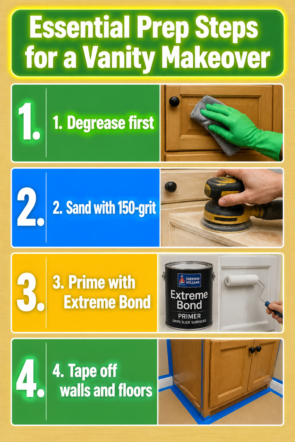 A list of prep steps for a bathroom vanity renovation.