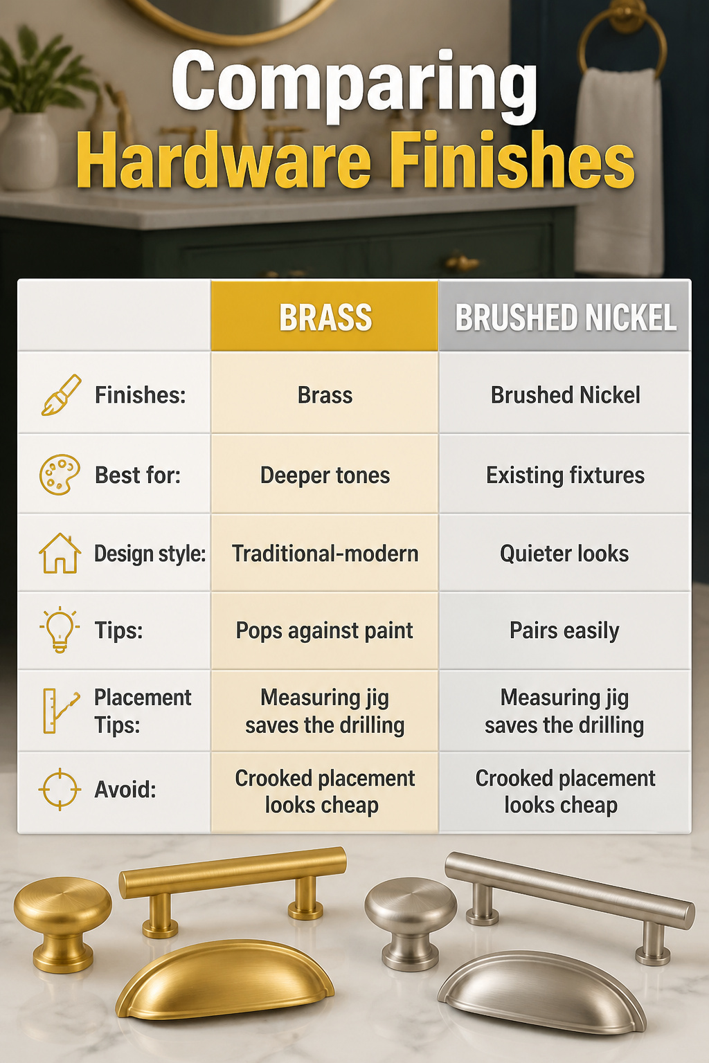 A comparison of various hardware finishes for bathroom vanities.