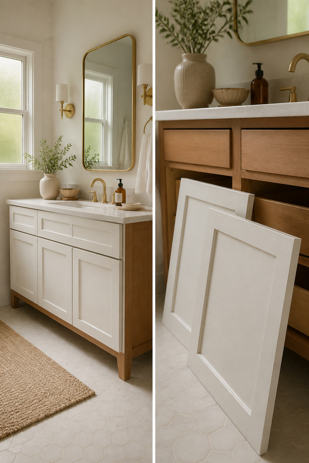 A bathroom vanity with new shaker-style cabinet doors.