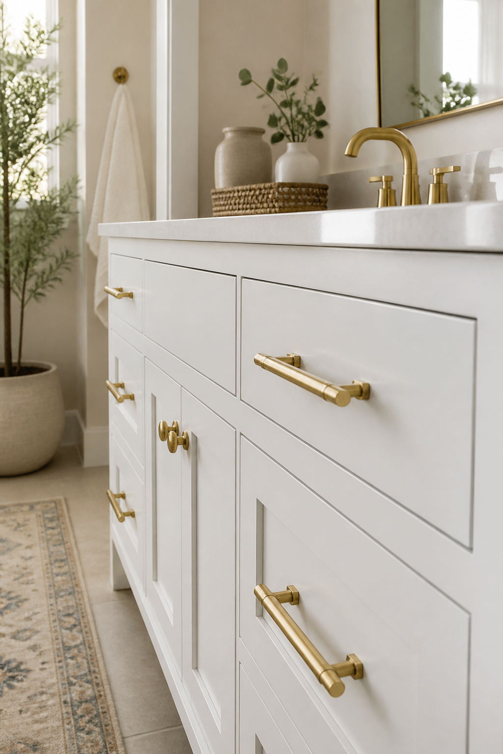 Close-up of brass hardware on a white-painted bathroom vanity.