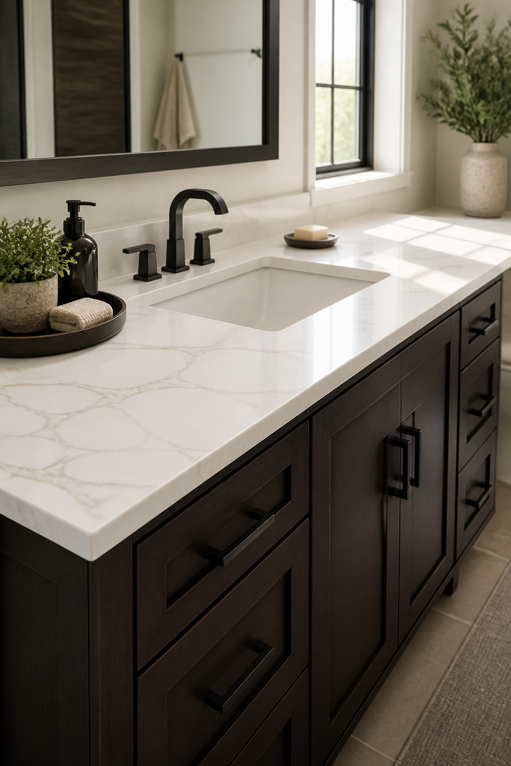 A bathroom vanity featuring a new countertop with a modern design.