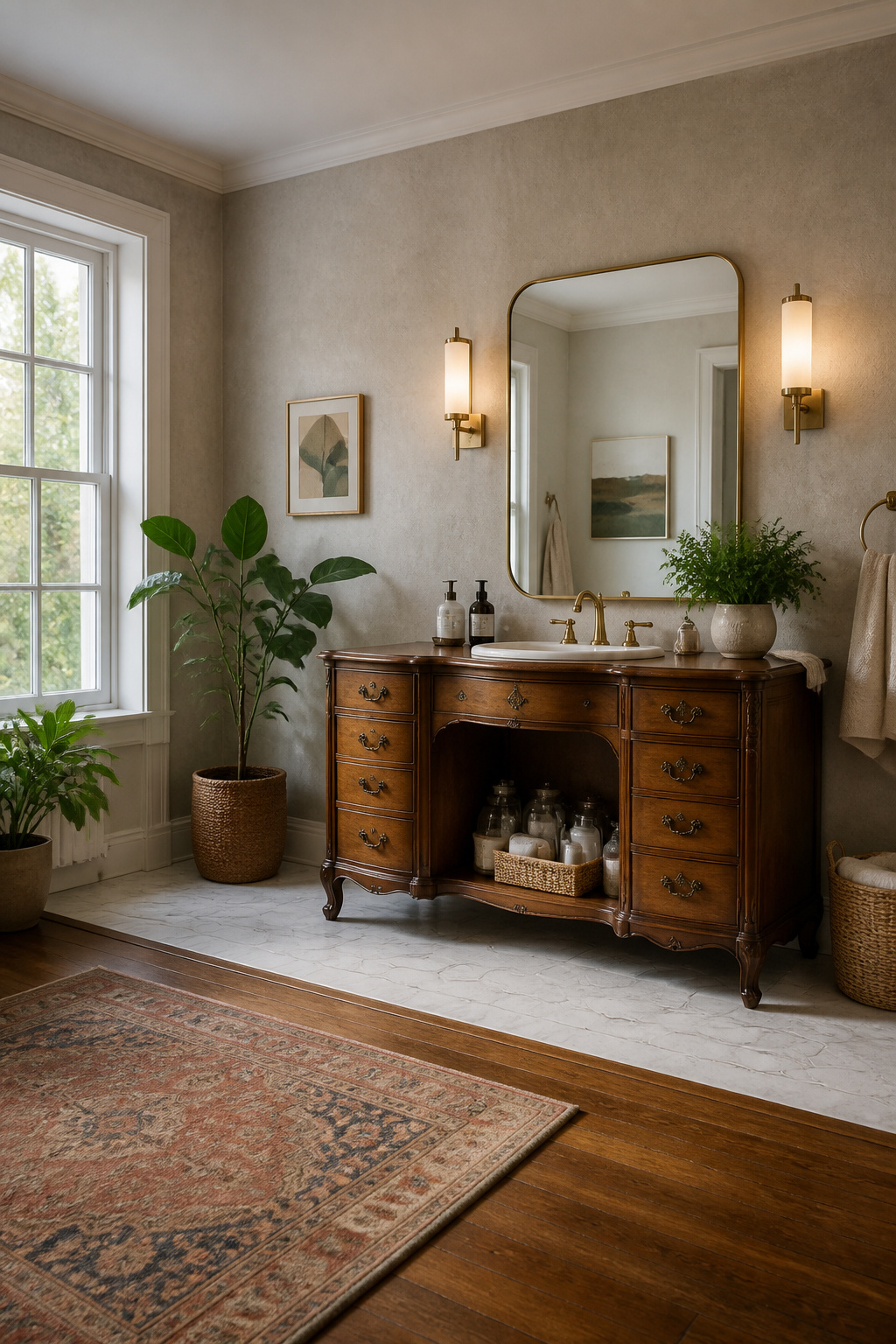 A vintage dresser retrofitted as a bathroom vanity with a vessel sink.