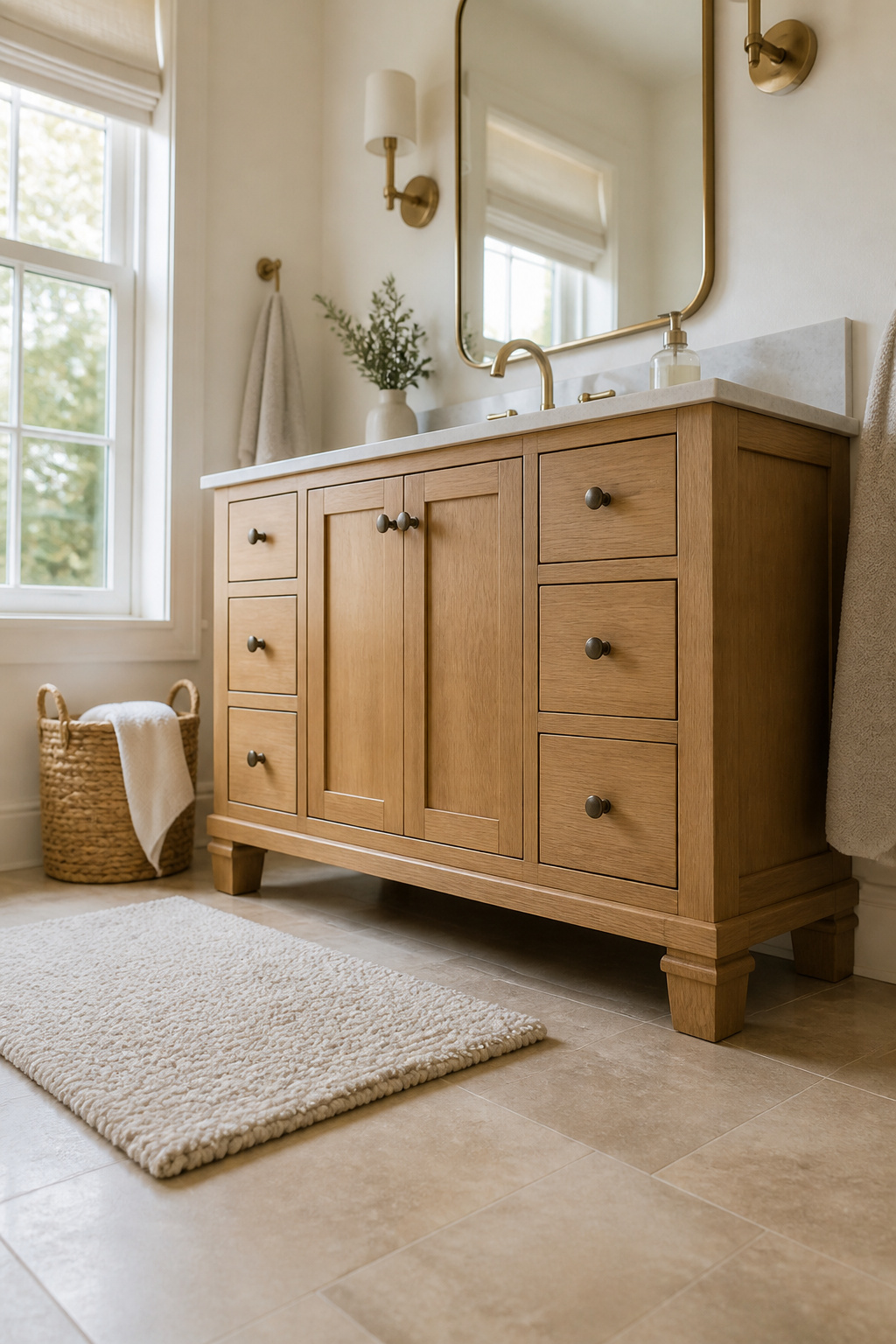 A bathroom vanity raised on furniture feet for a custom appearance.