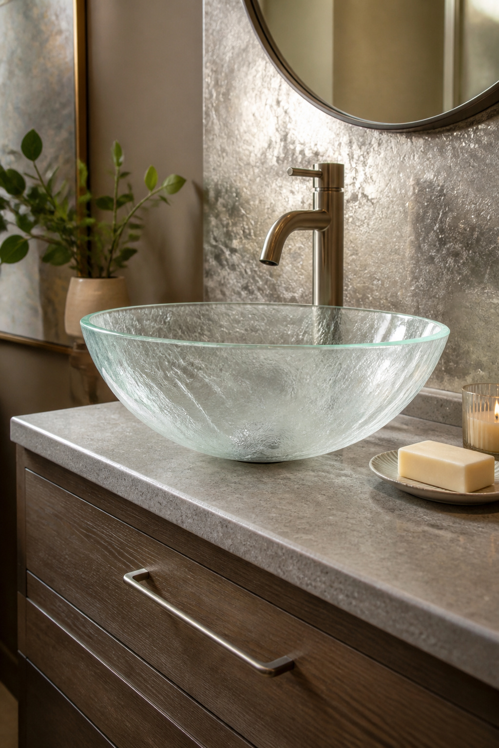 A modern vessel sink set atop a bathroom vanity.