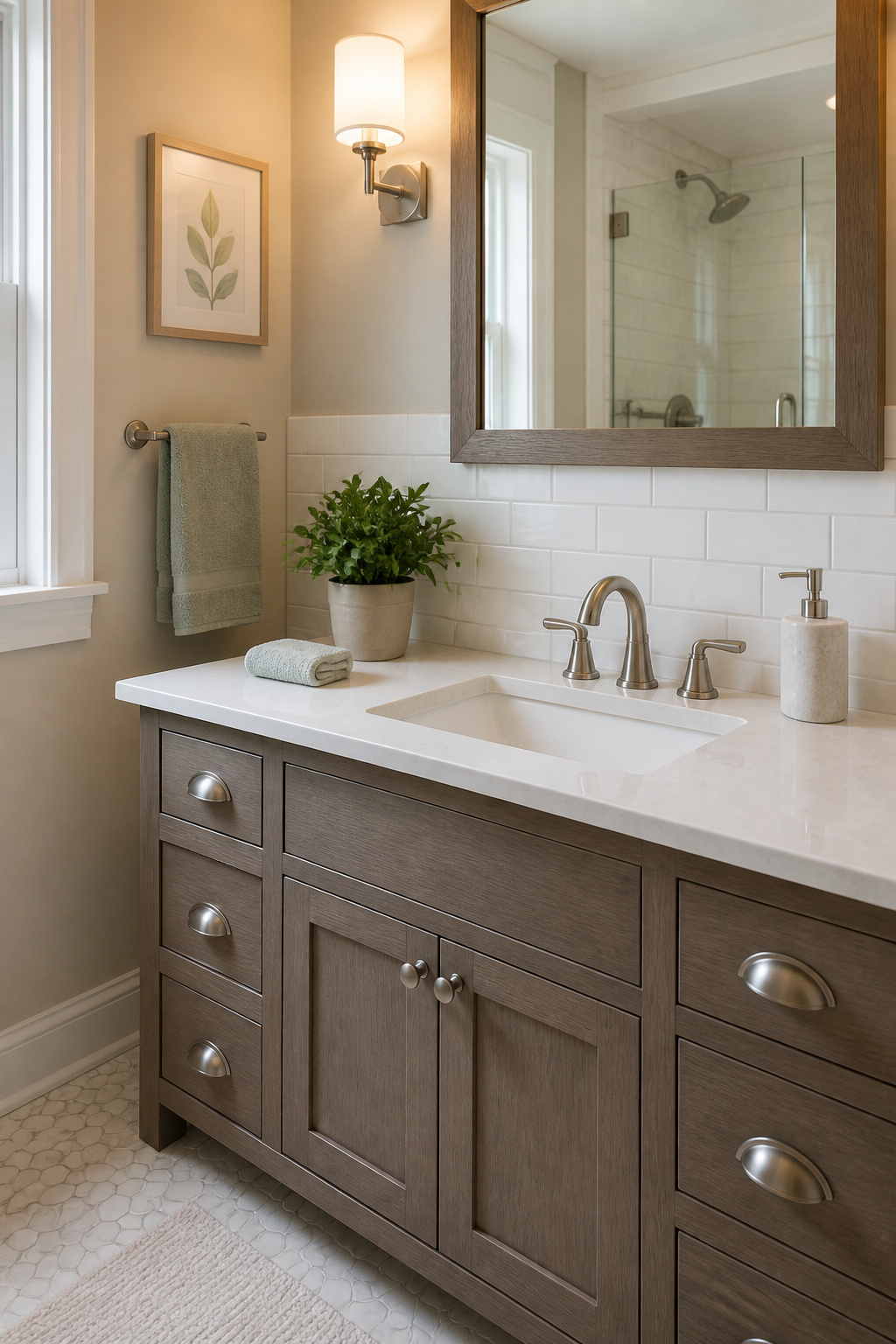 A tiled backsplash with white subway tiles behind a bathroom sink.
