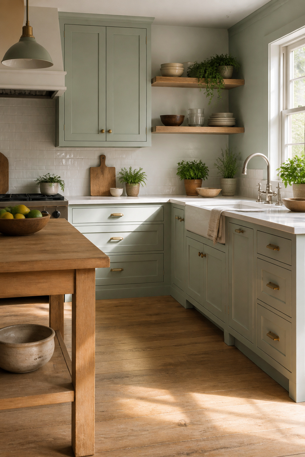 A kitchen with Sea Salt SW 6204 painted cabinets and warm wood floors.