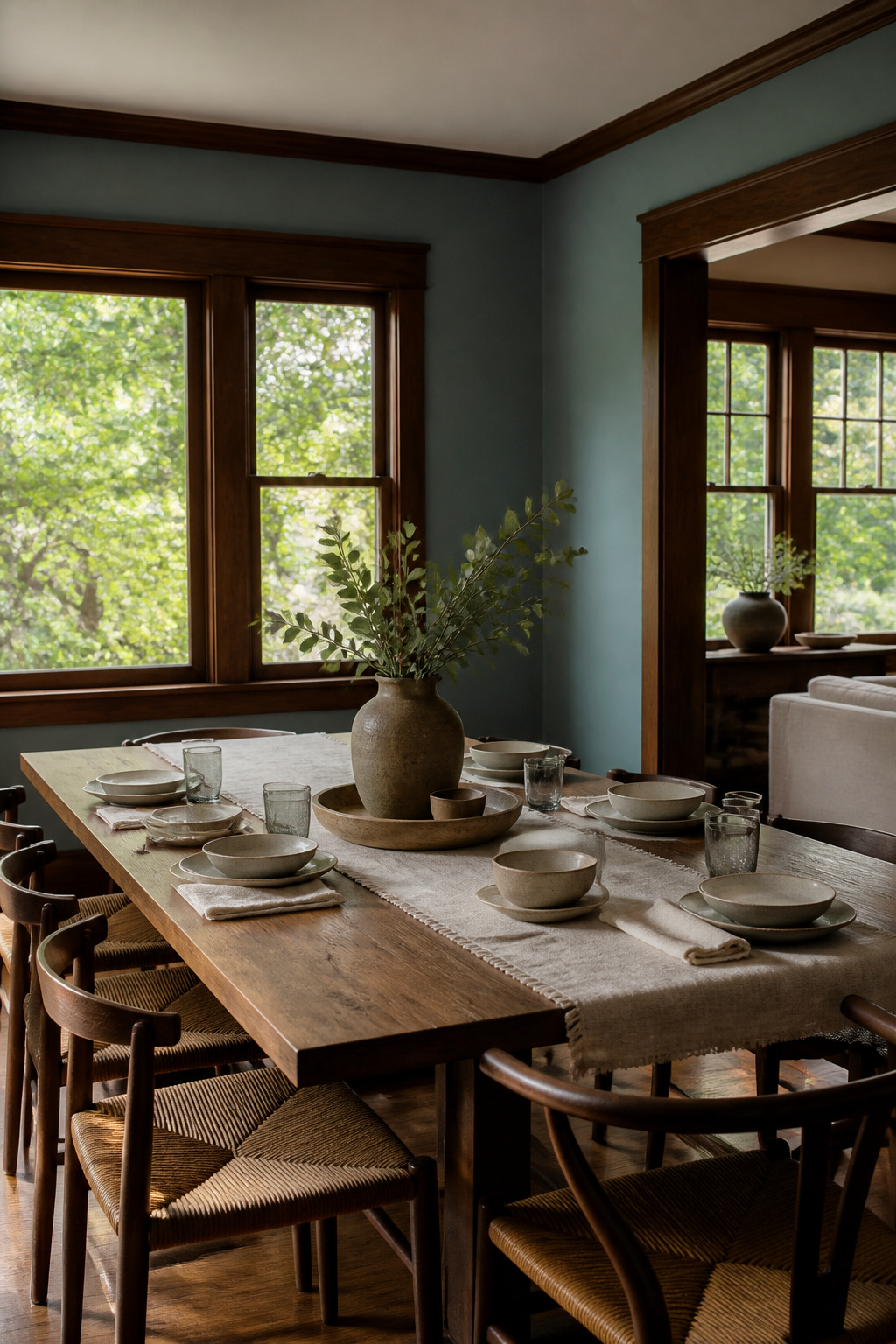 A dining room featuring Stone Blue walls and a wide oak table.