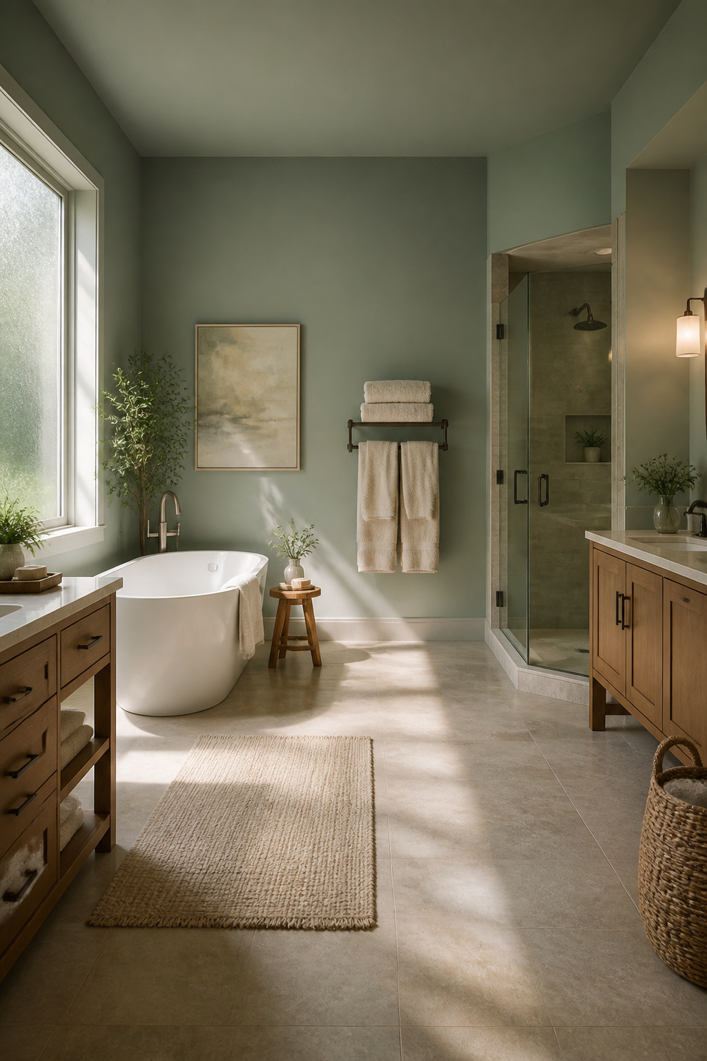 A bathroom showcasing the use of blue-green paint for a spa effect.