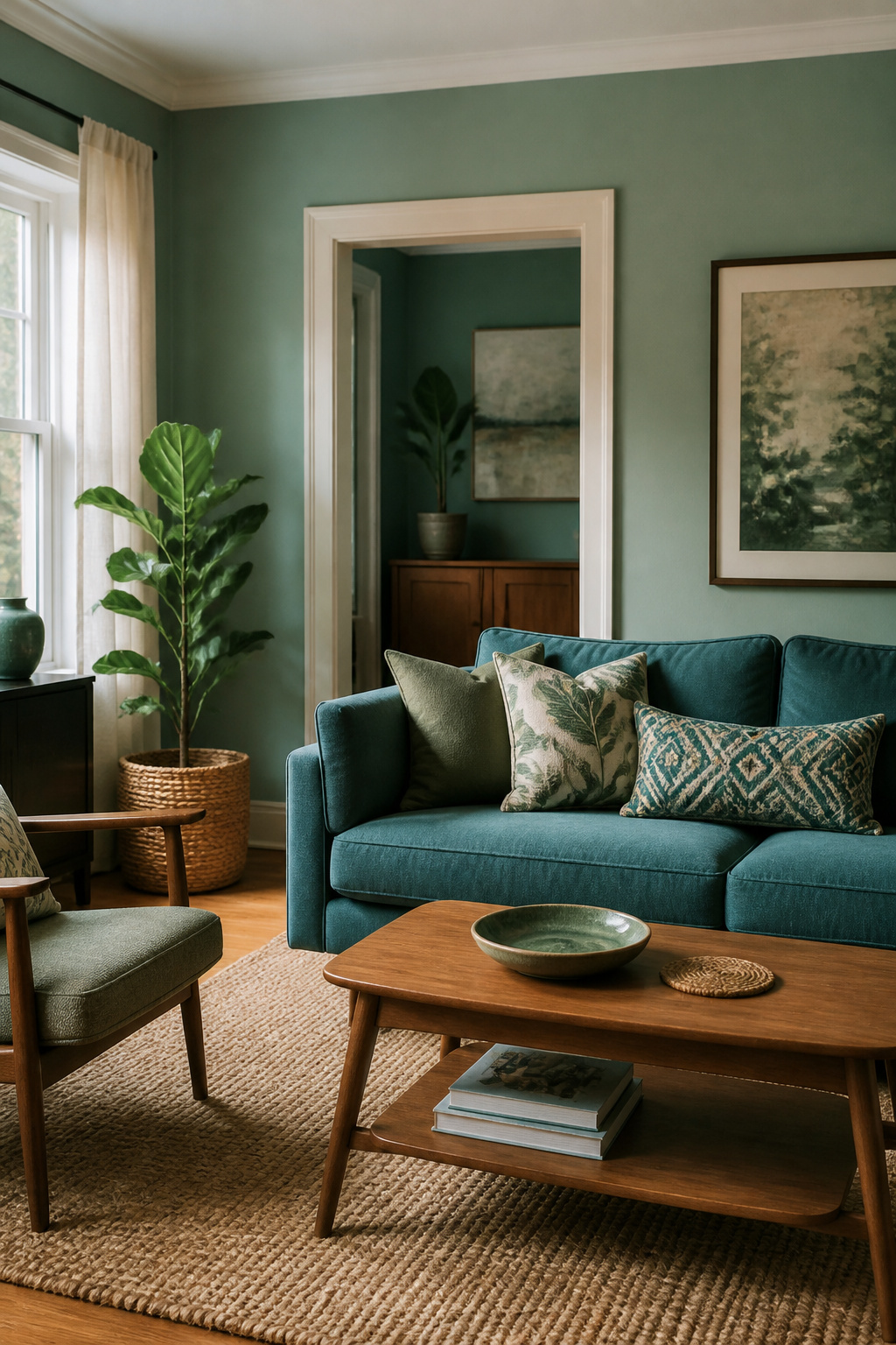 A living area with blue-green walls and vintage furniture.