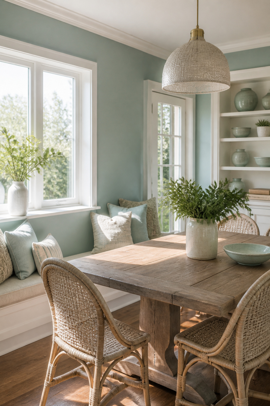 A breakfast nook featuring Palladian Blue HC-144 walls and rustic wooden table.