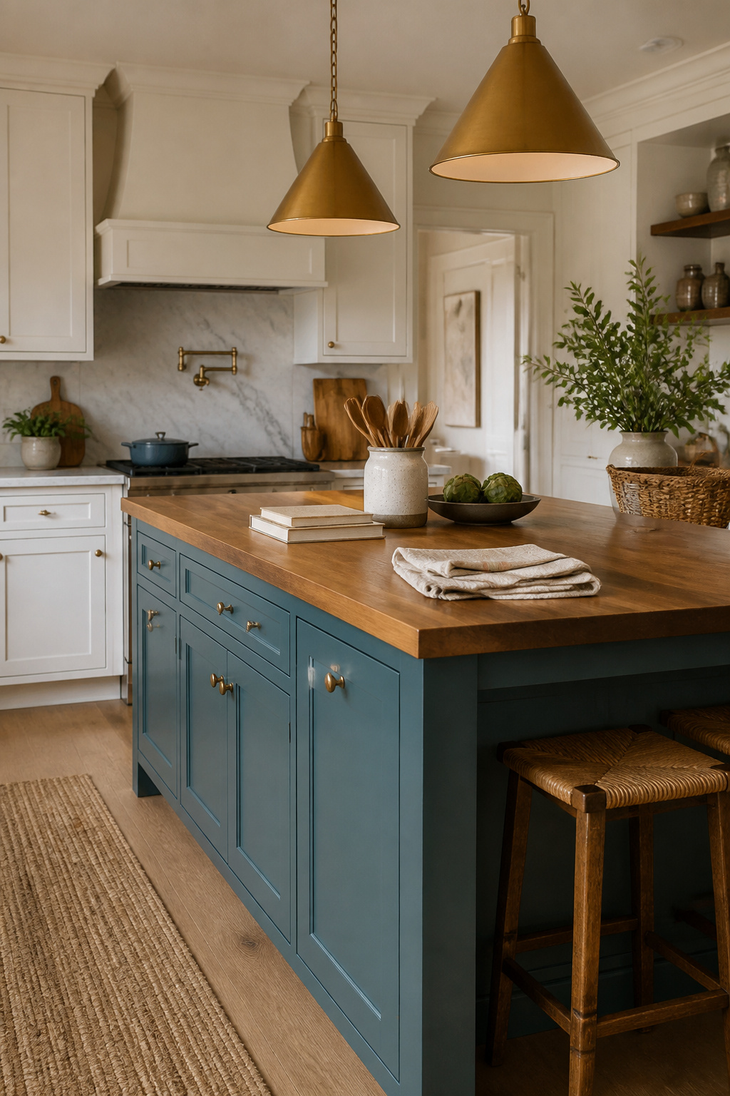 A kitchen island painted Aegean Teal 2136-40 with white cabinetry.