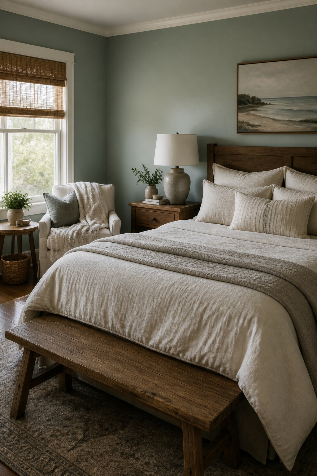 A guest bedroom featuring Rainwashed SW 6211 walls and rustic wooden accents.