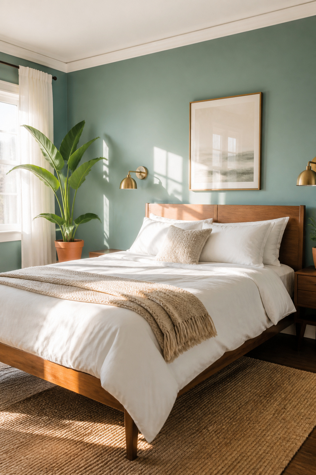 A bedroom with Beach Glass walls and warm brass accents.