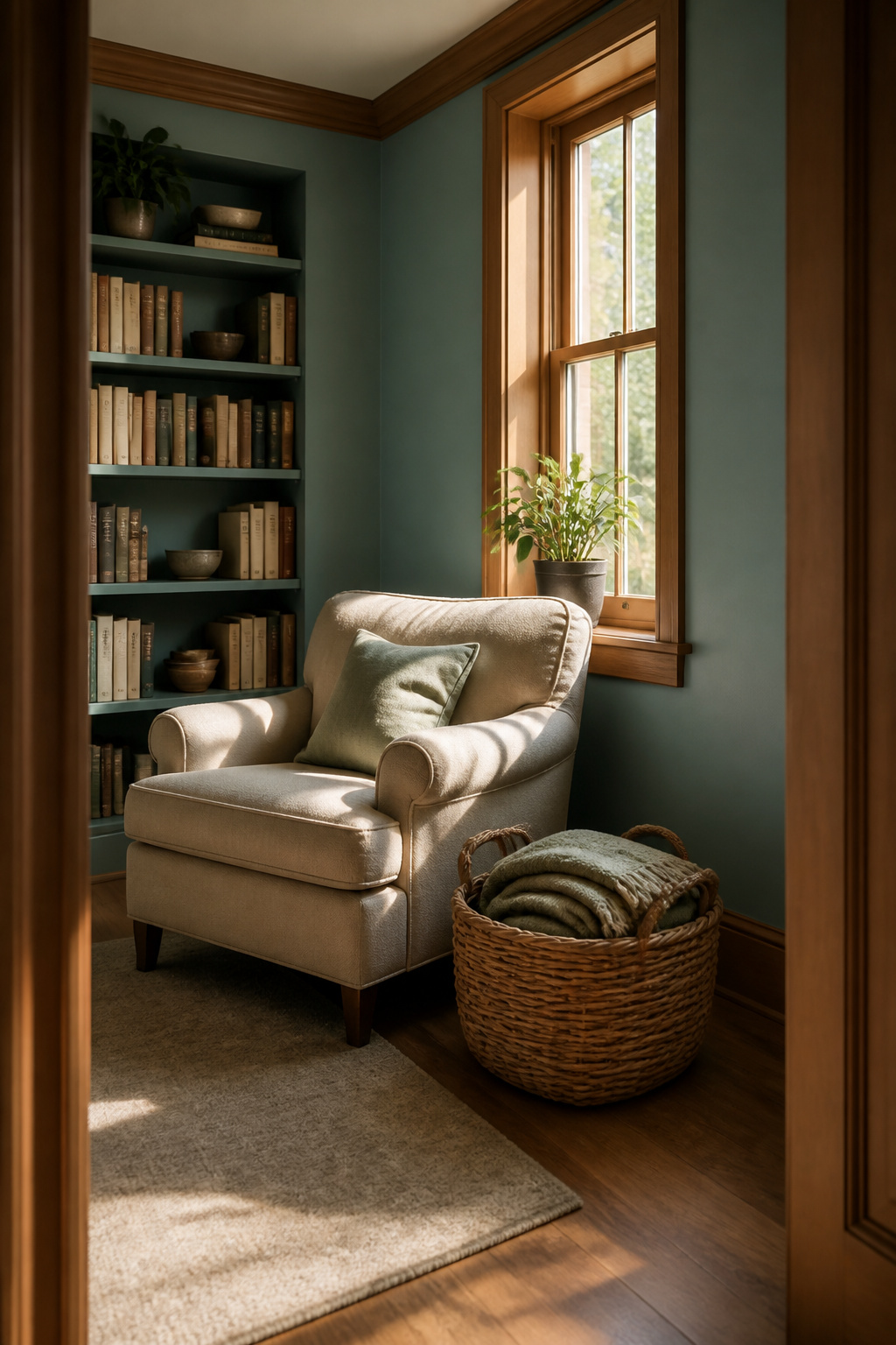 A reading corner painted Quietude with a vintage armchair and bookshelf.