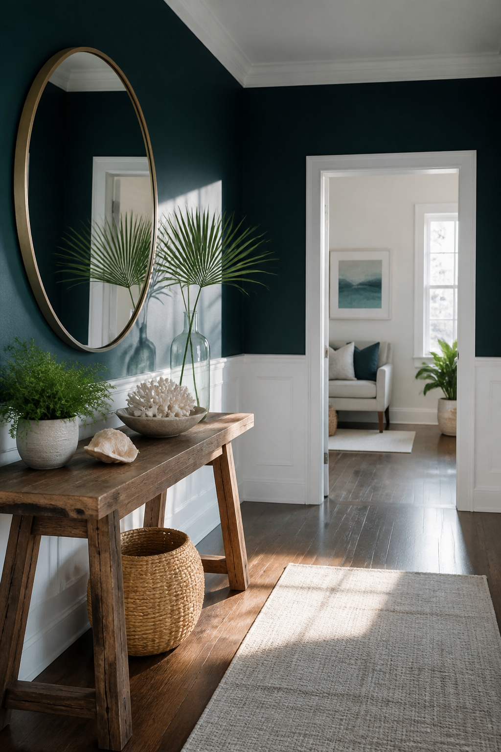 An entryway with an accent wall painted Oceanside and white wainscotting.