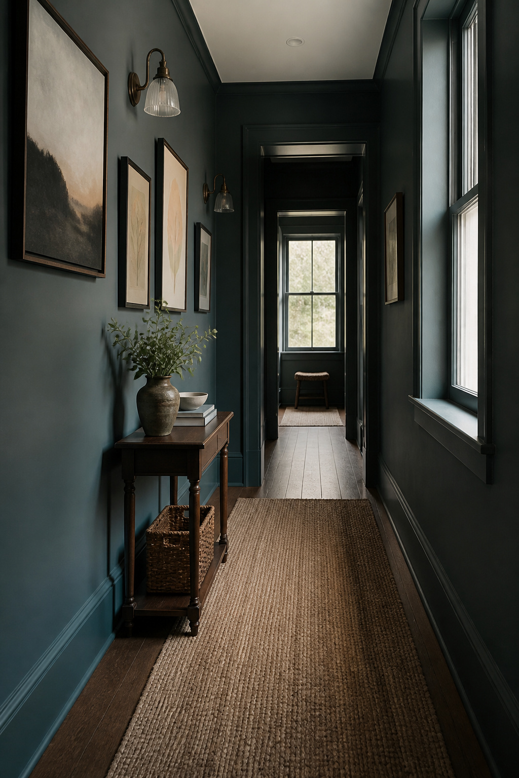 A hallway with Inchyra Blue walls and vintage sconces.