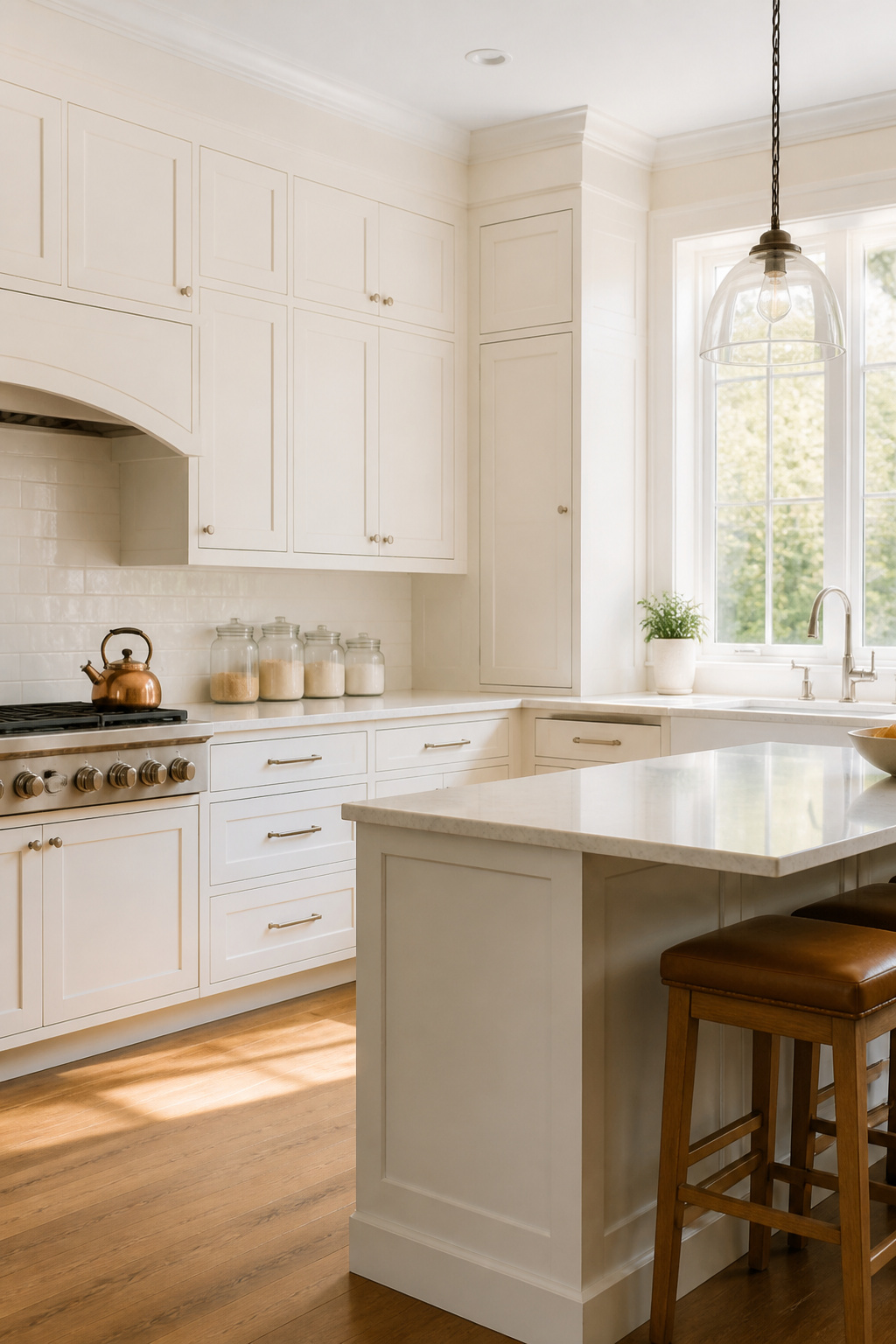 20 Cabinet Color Ideas for 2026 Kitchens 1 Spacious kitchen with Classic White cabinets and polished quartz countertops.