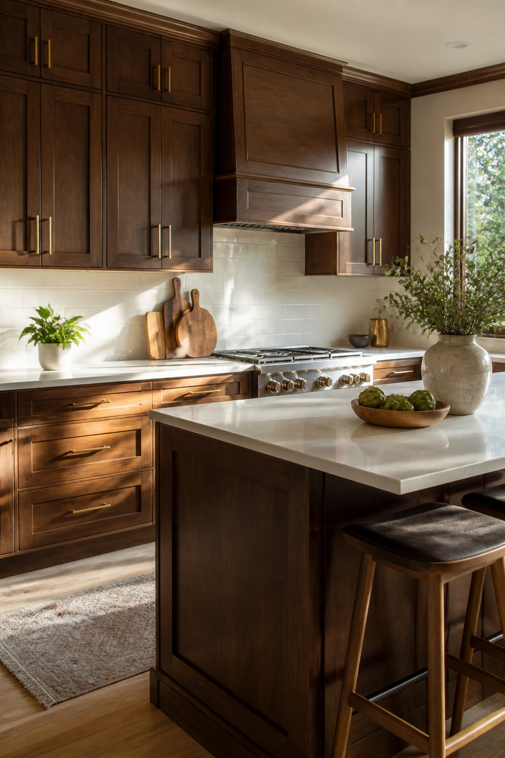 20 Cabinet Color Ideas for 2026 Kitchens 10 Kitchen showcasing Rich Brown cabinets and polished white countertops.