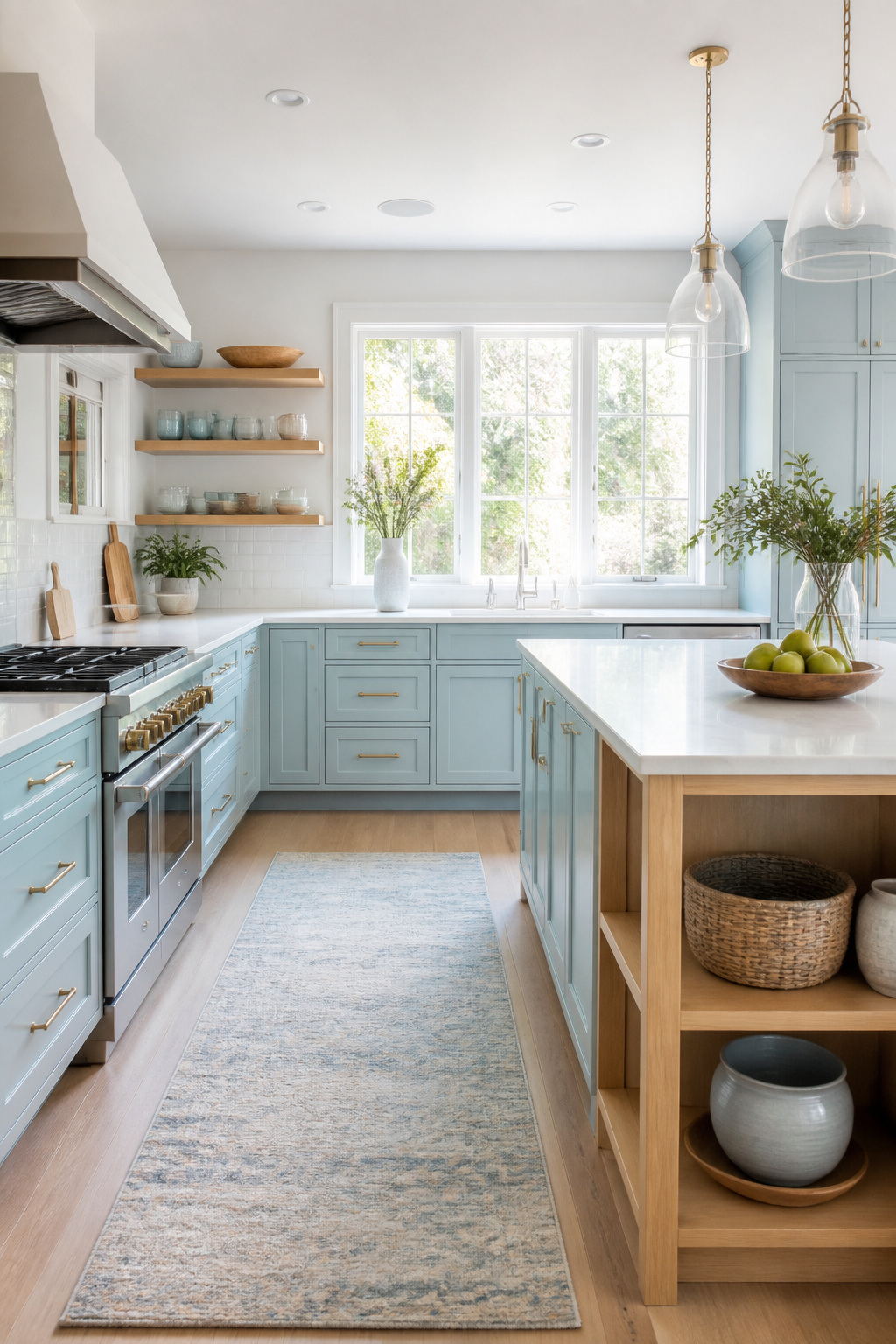 20 Cabinet Color Ideas for 2026 Kitchens 11 Kitchen with Light Blue cabinets and natural wood accents.