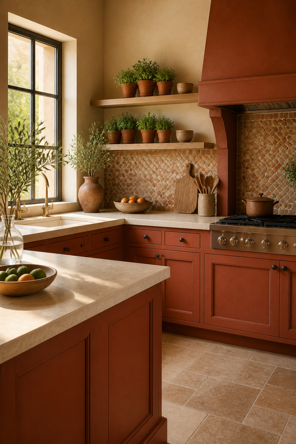 20 Cabinet Color Ideas for 2026 Kitchens 12 Kitchen featuring Terracotta cabinets and light stone countertops.