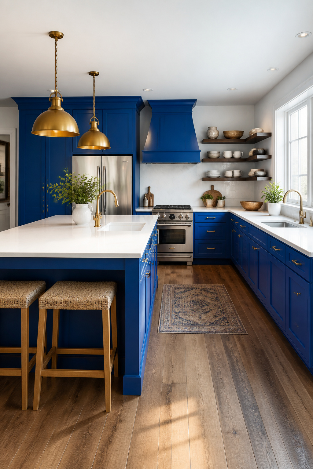 20 Cabinet Color Ideas for 2026 Kitchens 15 Spacious kitchen with Electric Blue cabinets and brass pendant lights.
