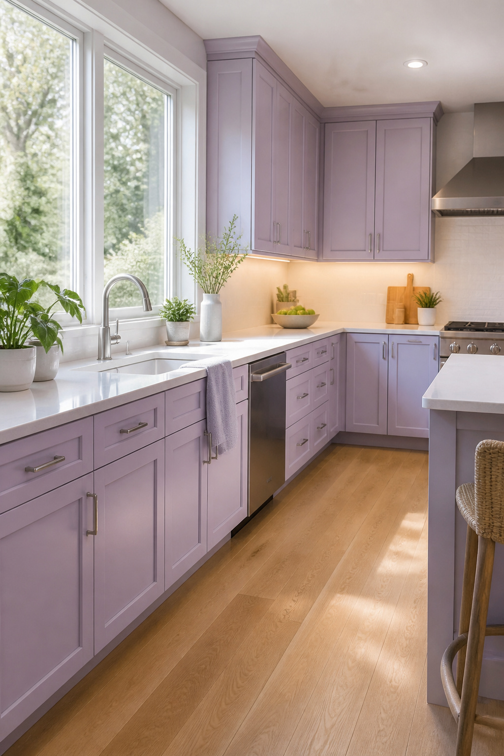 20 Cabinet Color Ideas for 2026 Kitchens 16 Kitchen featuring Soft Lavender cabinets and white countertops.