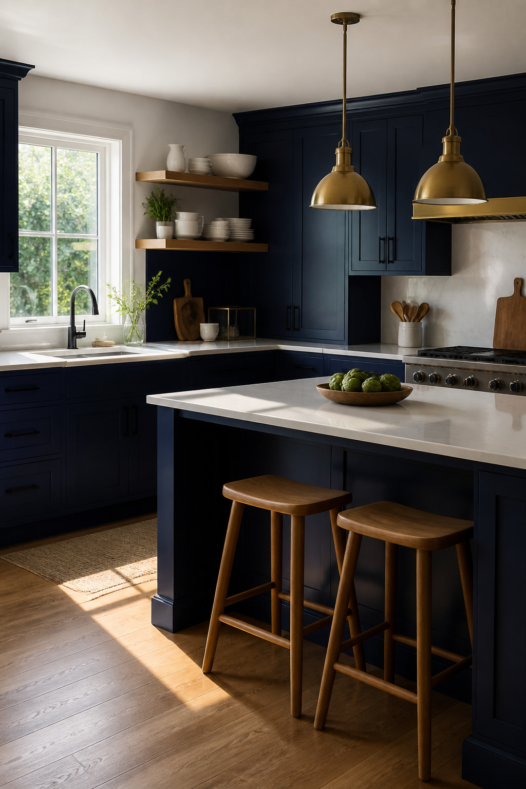 20 Cabinet Color Ideas for 2026 Kitchens 2 Kitchen featuring Navy Blue cabinets with white quartz countertops.