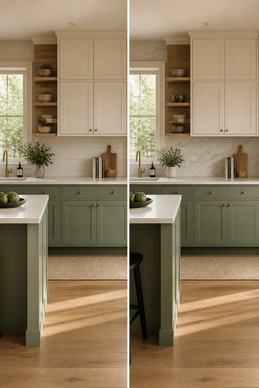 20 Cabinet Color Ideas for 2026 Kitchens 22 Kitchen with two-tone cabinet colors, lighter on top and darker below.