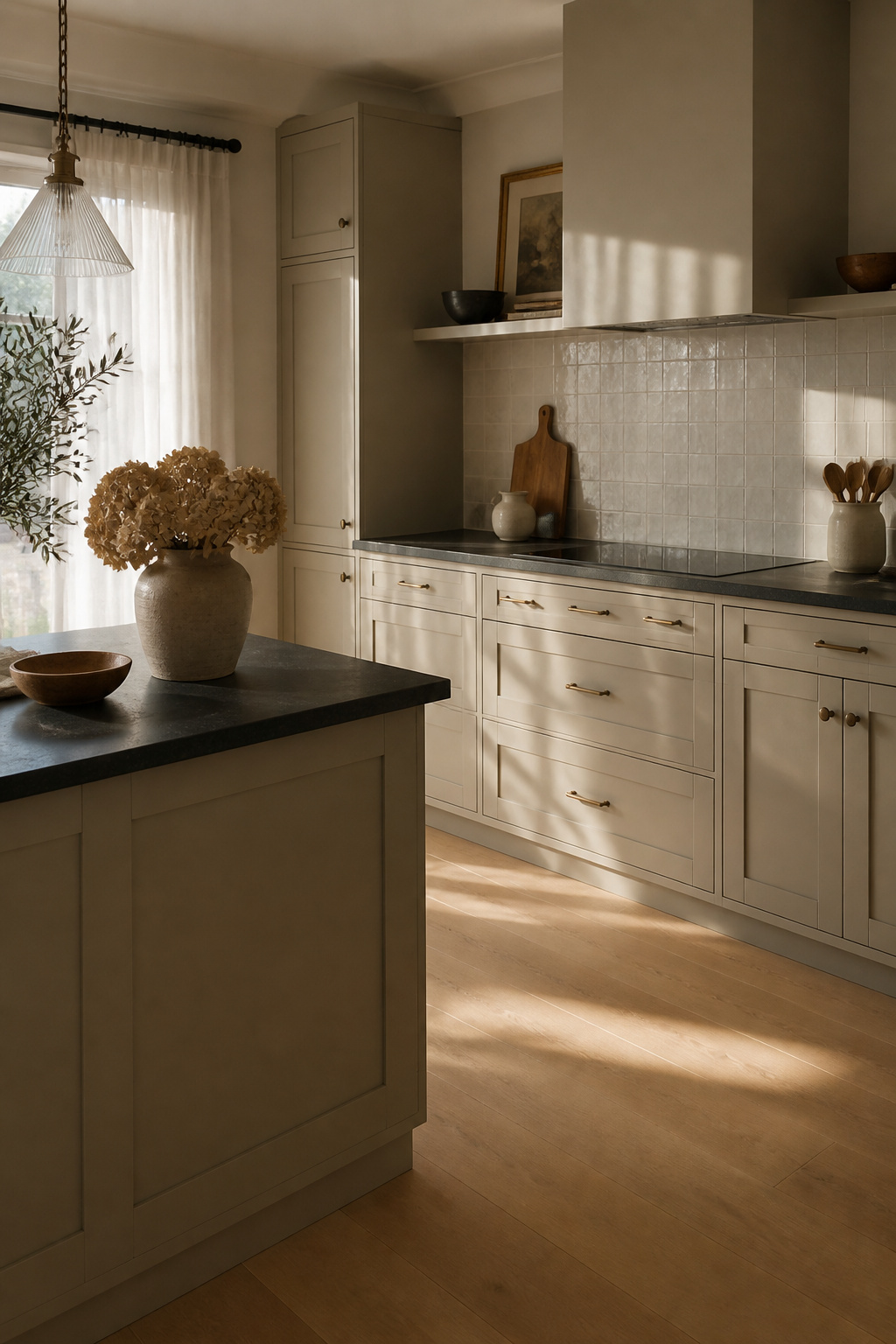 20 Cabinet Color Ideas for 2026 Kitchens 5 Kitchen featuring Greige cabinets with pale oak flooring.