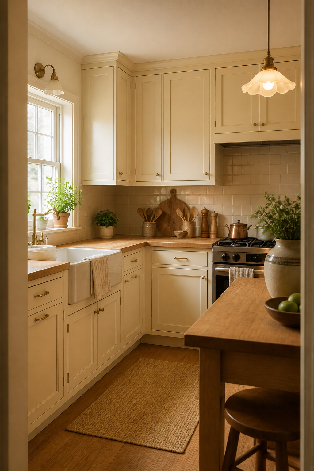 20 Cabinet Color Ideas for 2026 Kitchens 6 Cozy kitchen with Cream cabinets and classic raised-panel doors.
