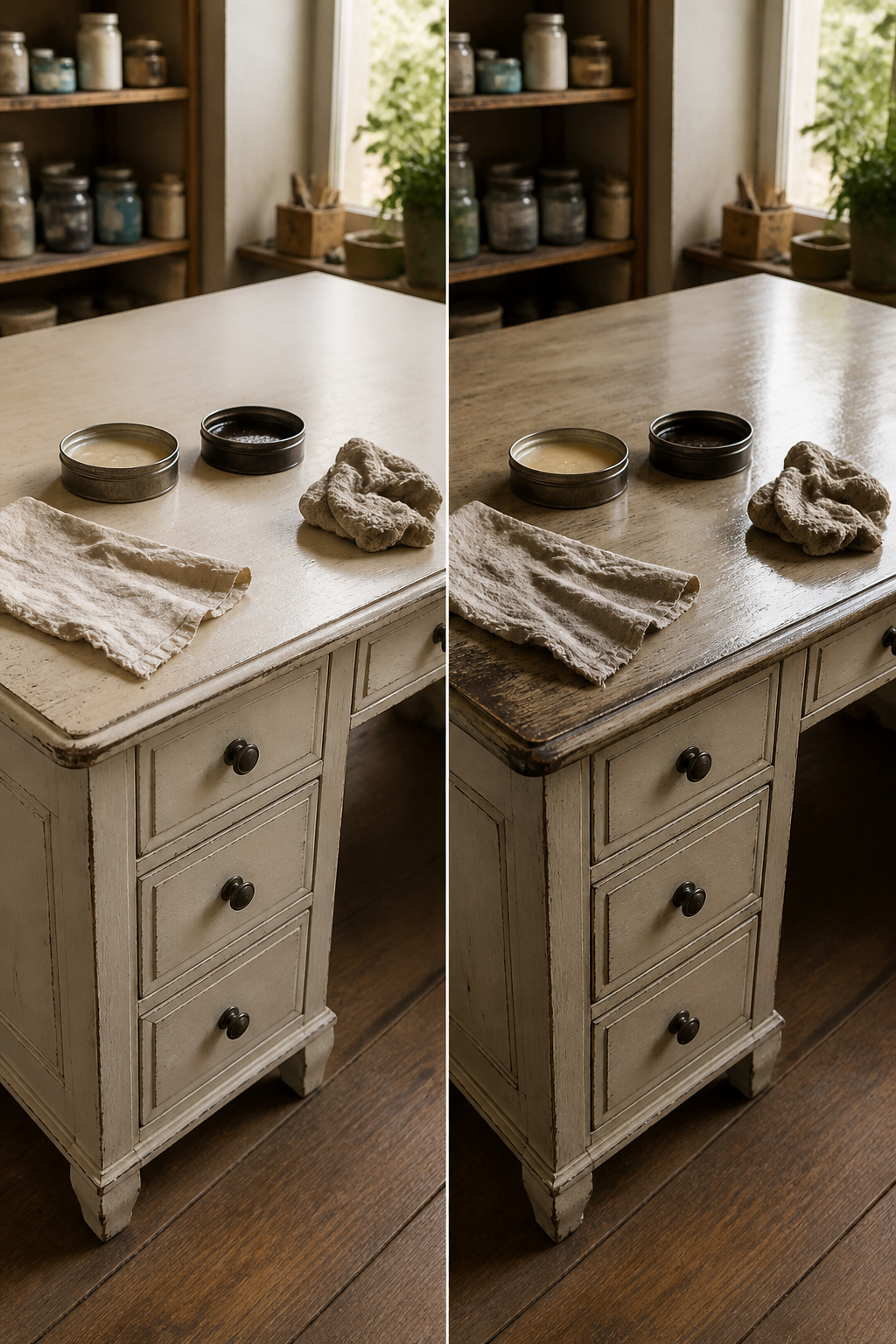 Clear and dark wax containers next to a painted desk.