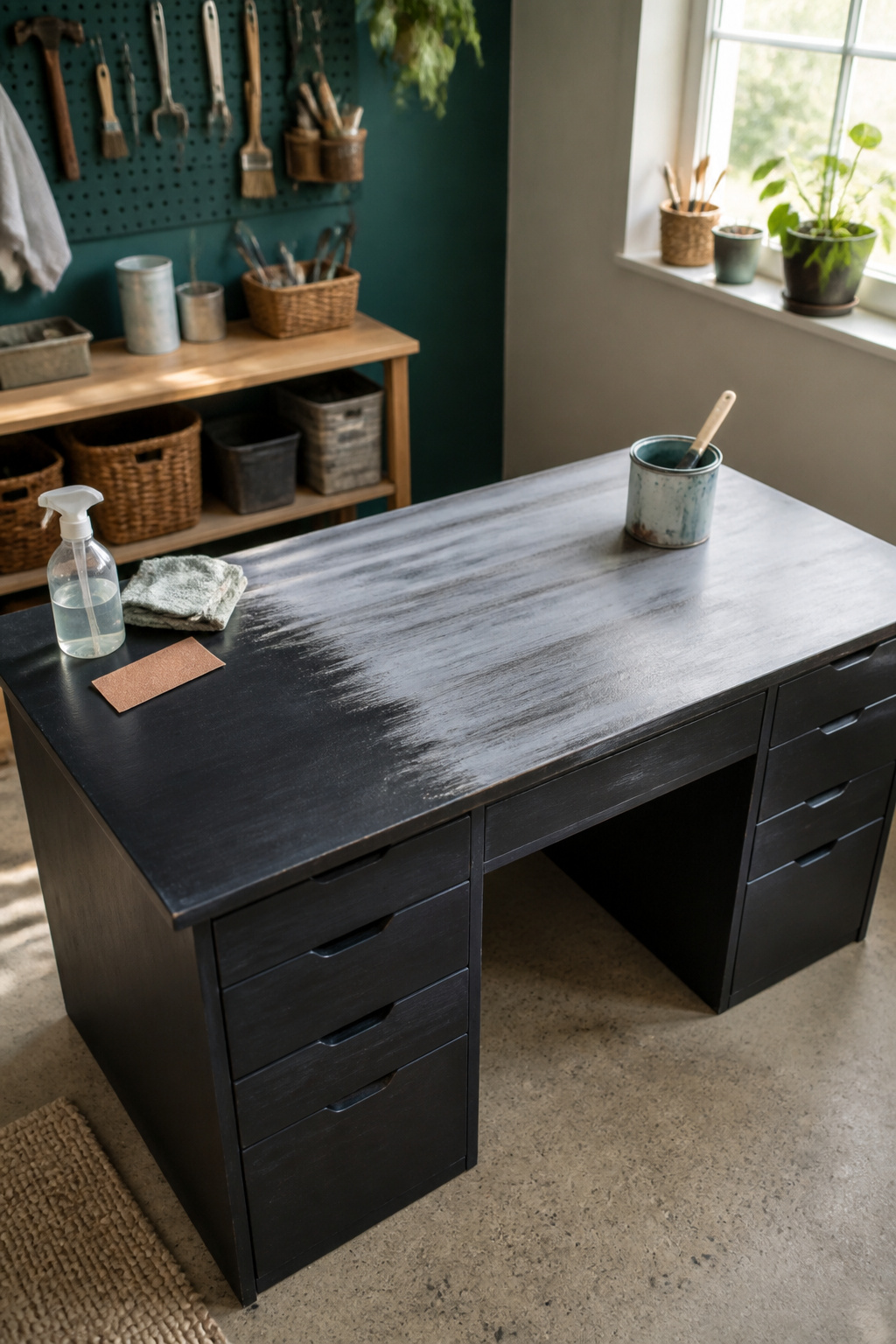 A laminate desk showing the first coat of chalk paint applied.