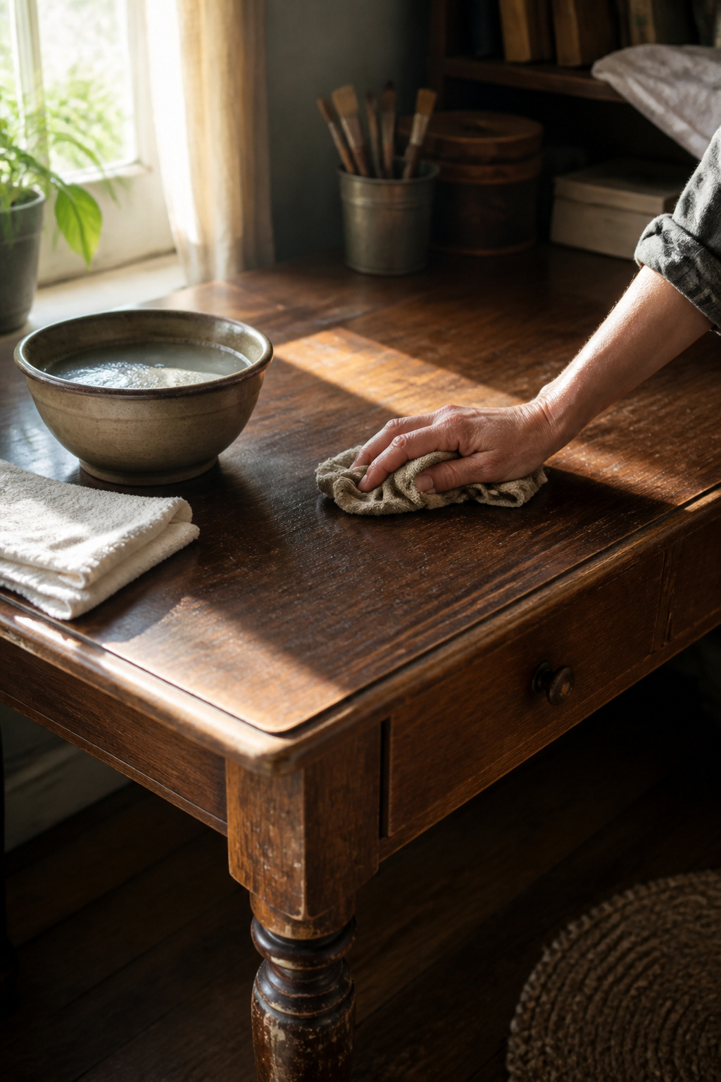 A rag cleaning a wooden desk with a bowl of soapy water nearby.