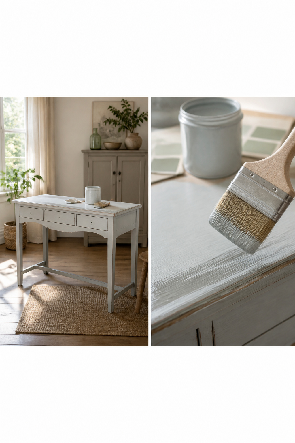 A brush applying the first coat of chalk paint on a desk.