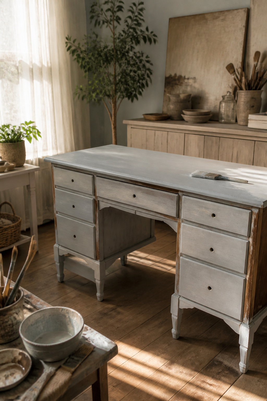 A brush applying a second coat of light gray chalk paint.