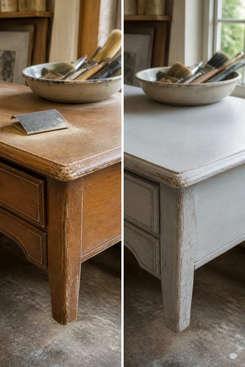 220-grit sandpaper on a desk showing distressed paint.