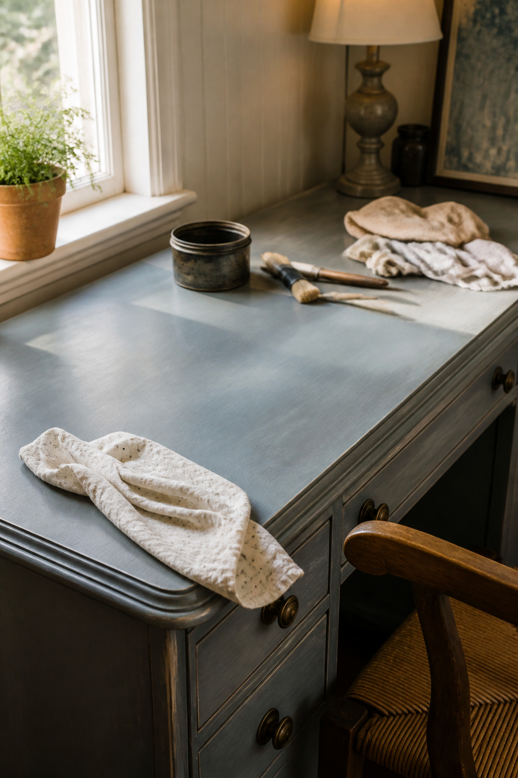 A cloth rubbing wax over a painted desk surface.