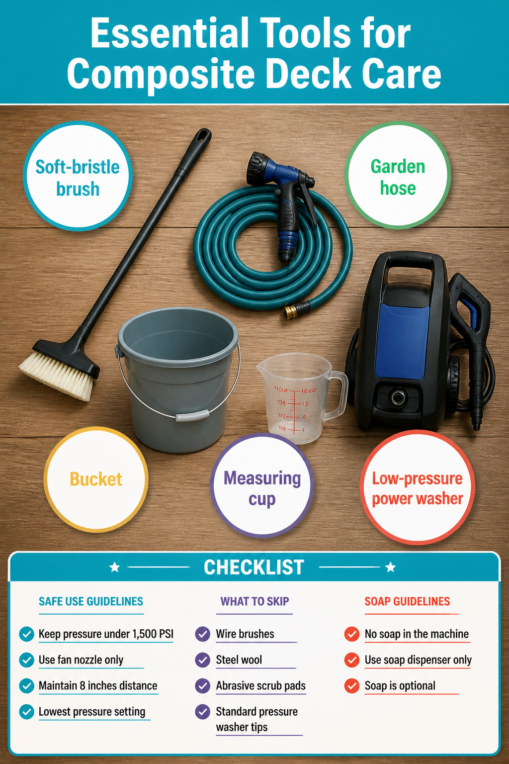 Tools needed for cleaning composite decks, including brushes and hoses.