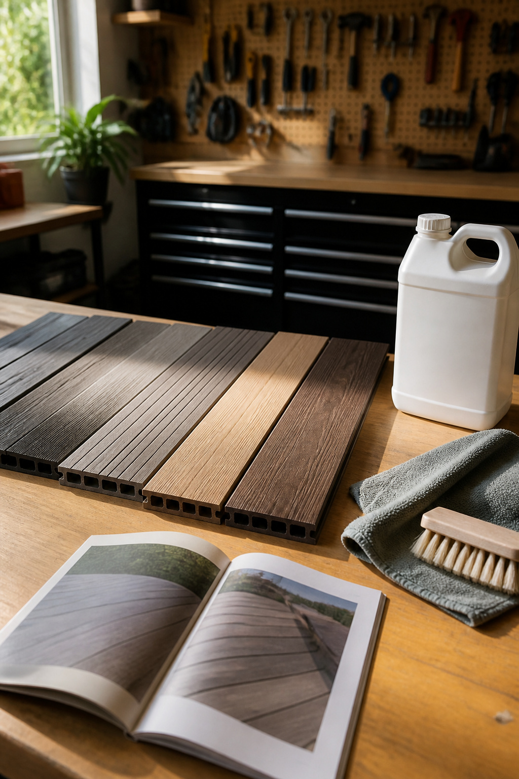 Composite deck boards in various colors with a care instruction guide.