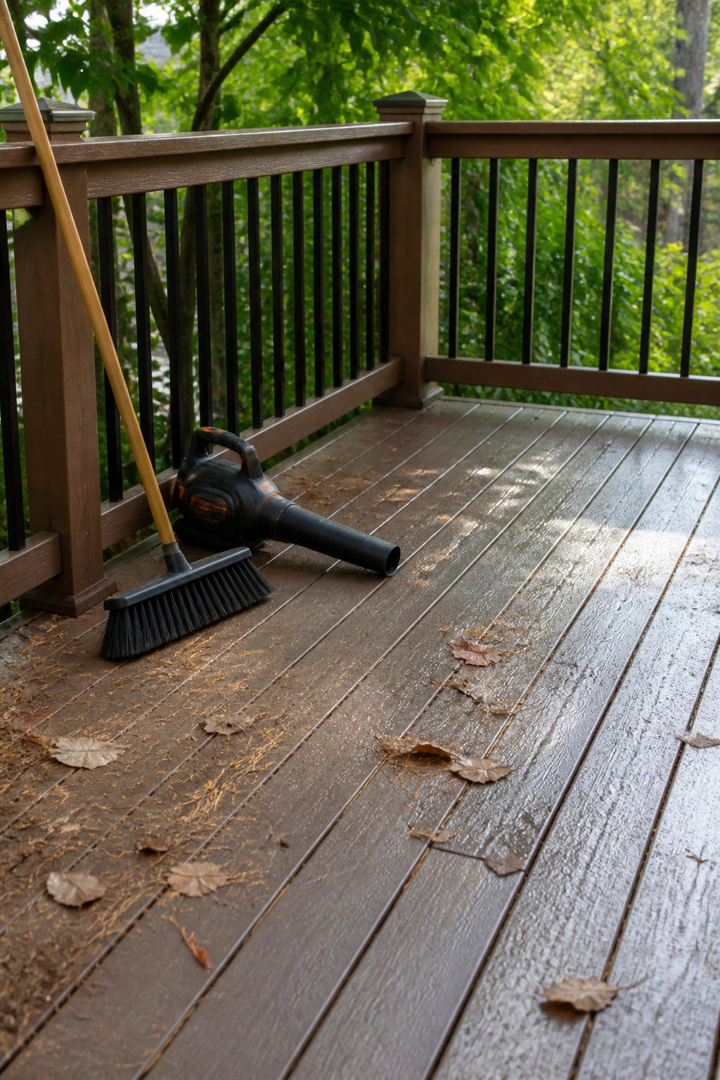 Close-up of a composite deck with leaves and a broom nearby.