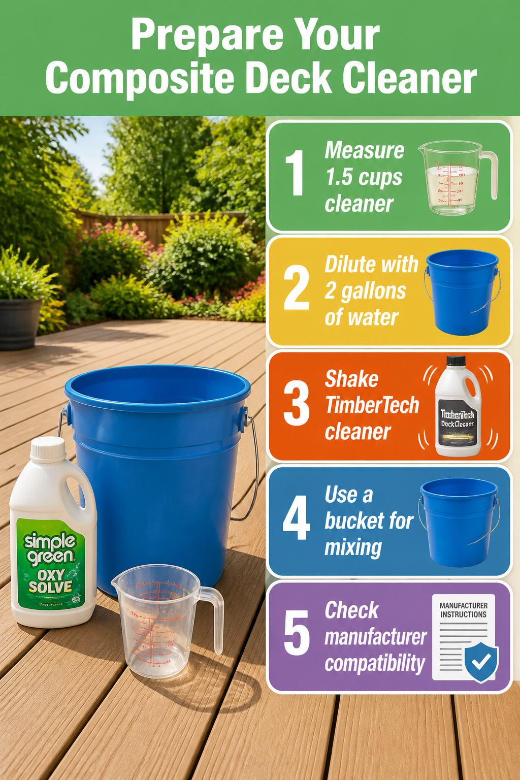 A measuring cup and bucket for preparing composite deck cleaner.