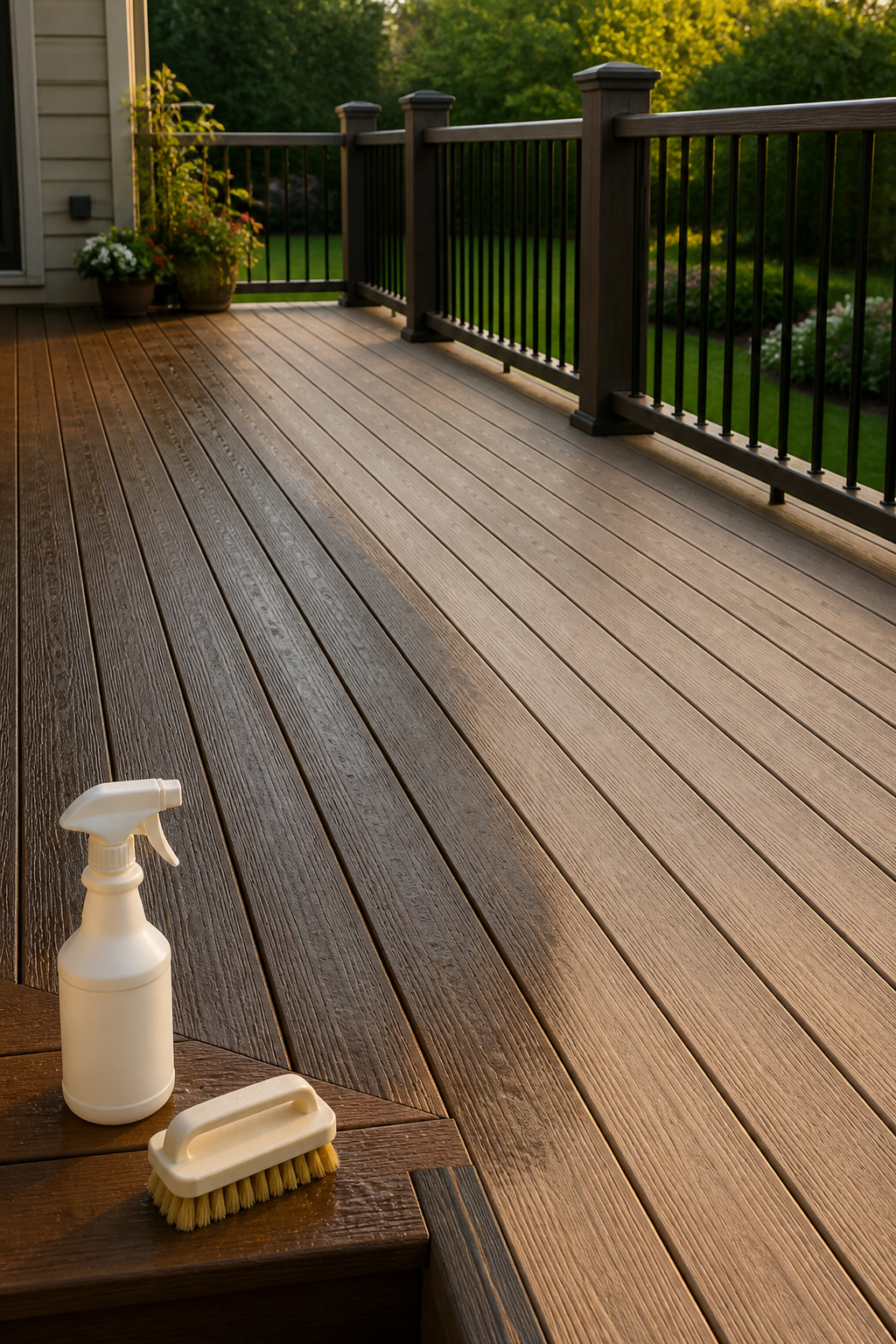 A composite deck with sections marked for cleaning, showing treated areas.