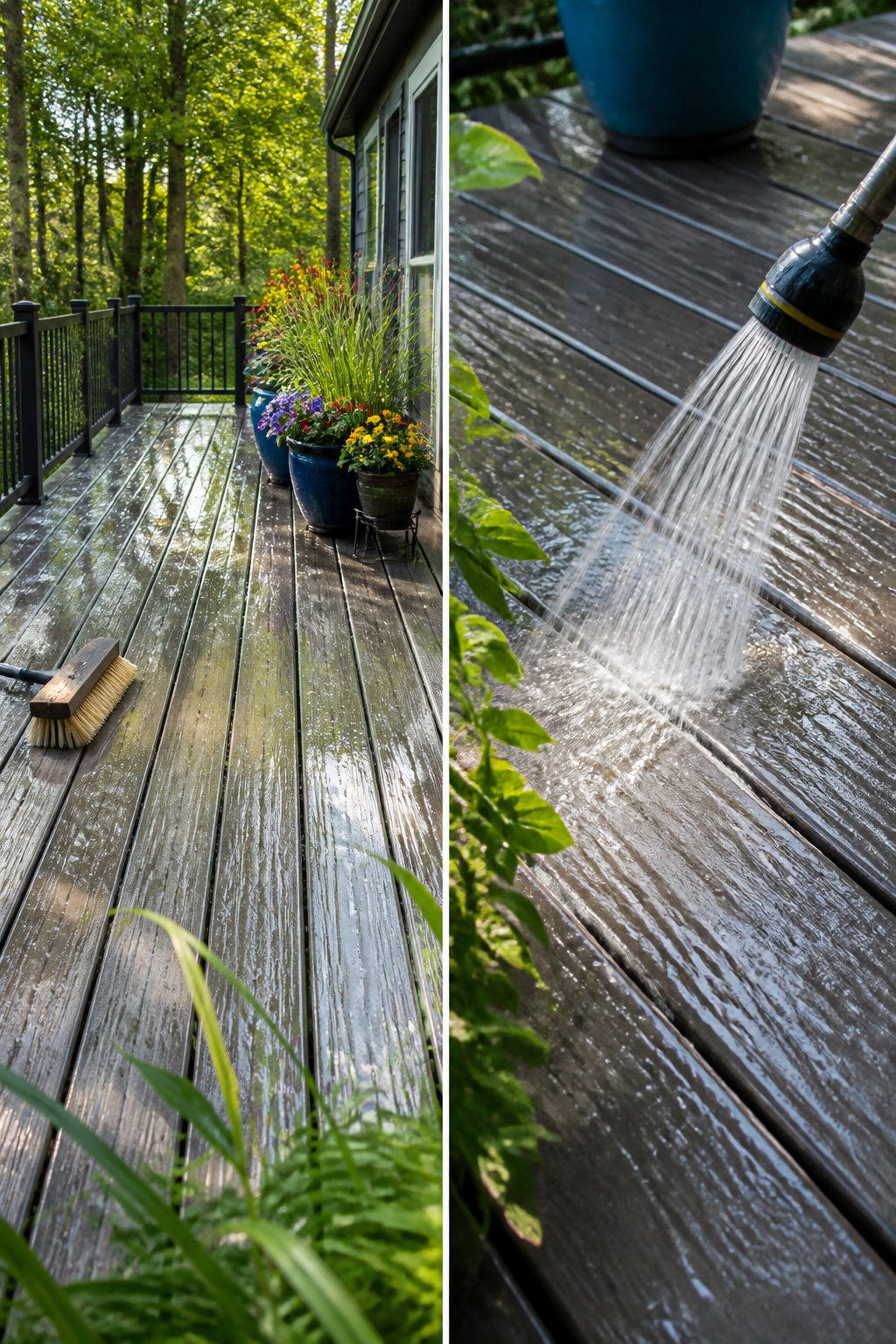 A soft-bristle brush and hose prepared for cleaning a composite deck.
