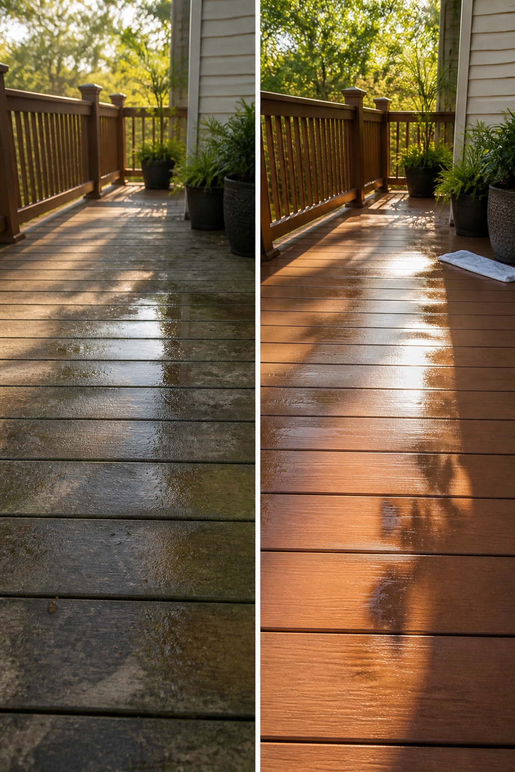 A dry composite deck showing areas that need additional cleaning.