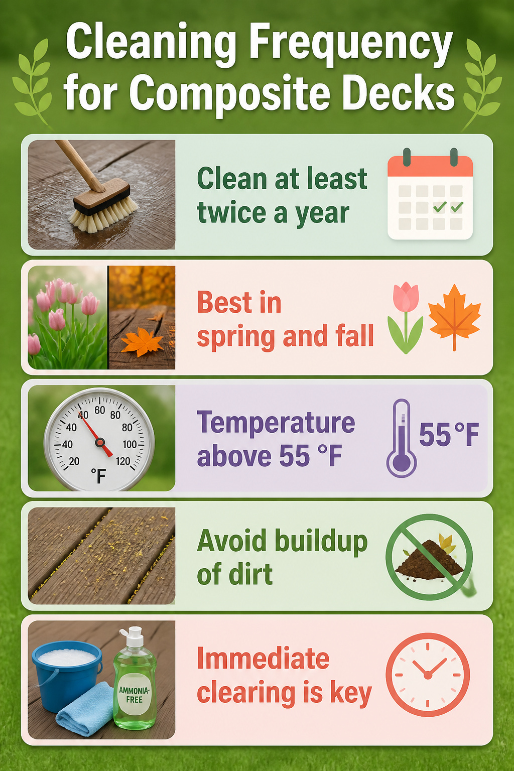 A seasonal cleaning schedule for maintaining composite decks.