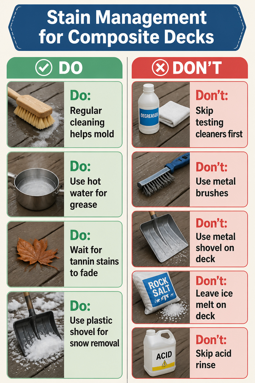 A composite deck showing signs of mold and mildew stains.