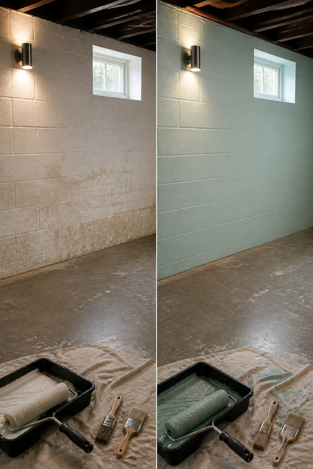 9 DIY Basement Makeover Ideas on a Budget for 2026 1 A photo depicting freshly painted basement walls with block sealer applied.