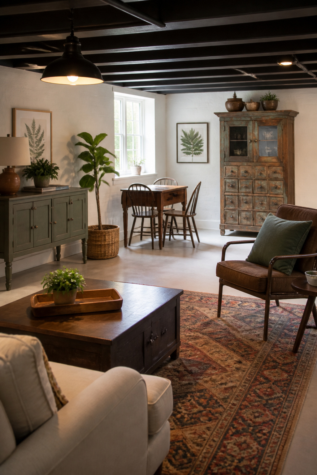 9 DIY Basement Makeover Ideas on a Budget for 2026 13 A curated basement design featuring mismatched furniture and decorative elements.