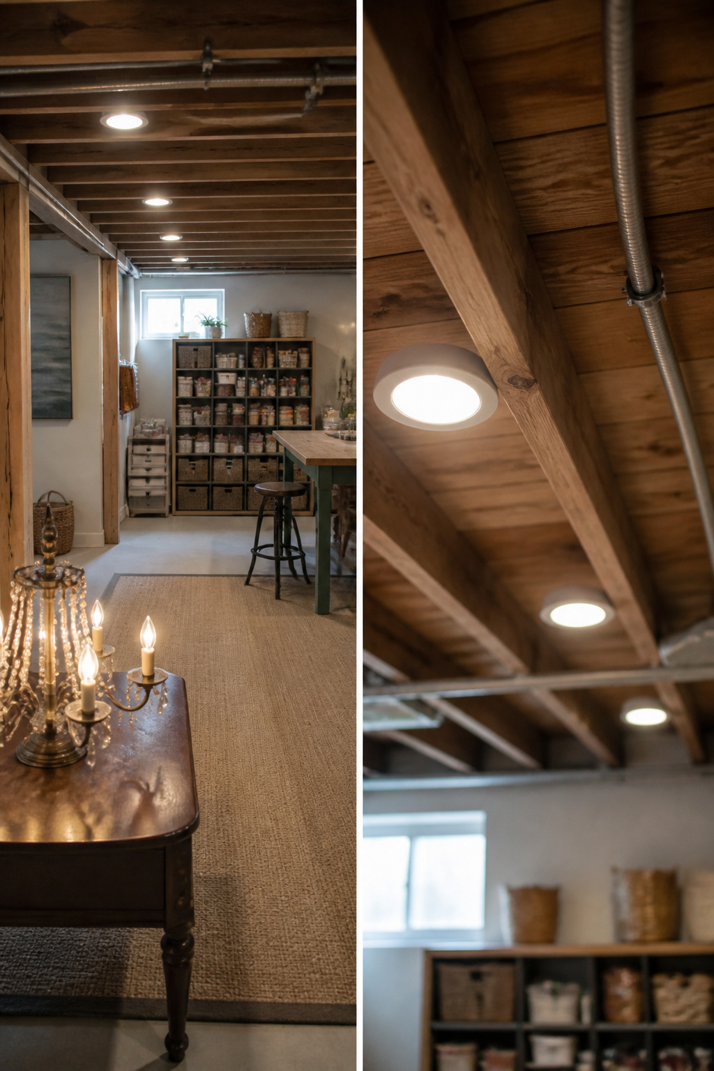 9 DIY Basement Makeover Ideas on a Budget for 2026 3 A basement featuring recessed can lights installed between ceiling joists.