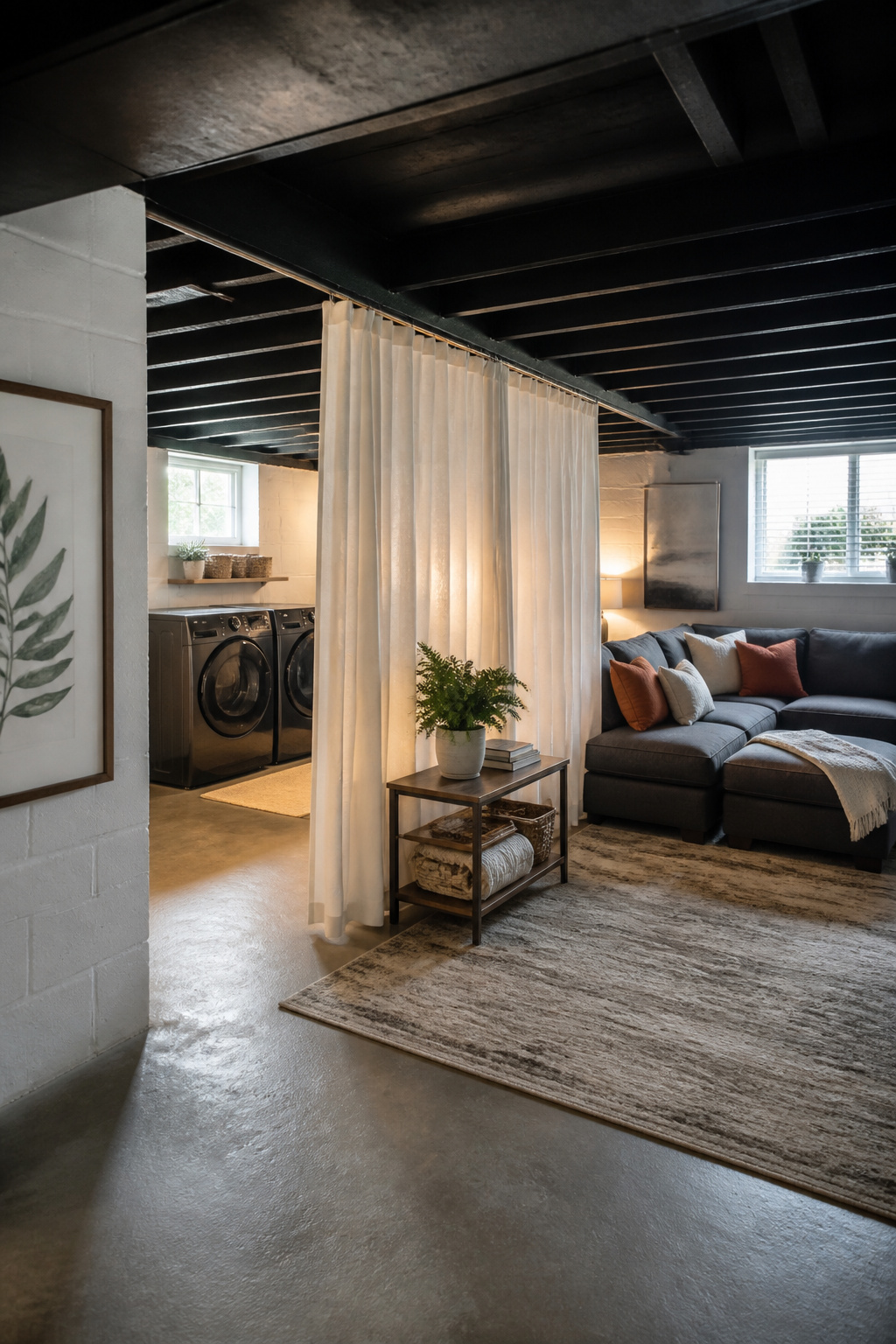 9 DIY Basement Makeover Ideas on a Budget for 2026 4 A basement divided by ceiling-height curtains, separating laundry from living space.